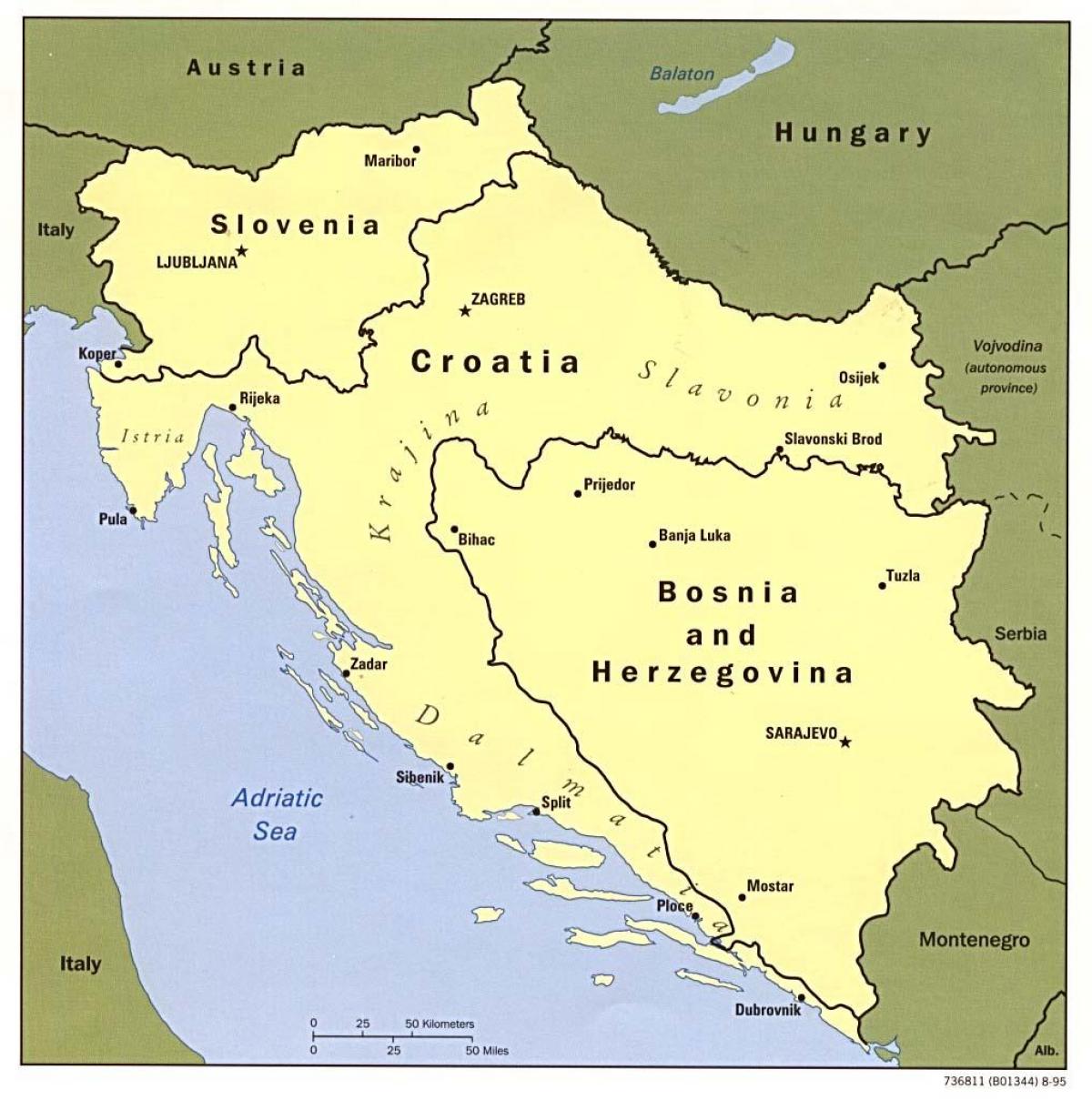 kartta Bosnia ja Hertsegovinan ja ympäröivien maiden